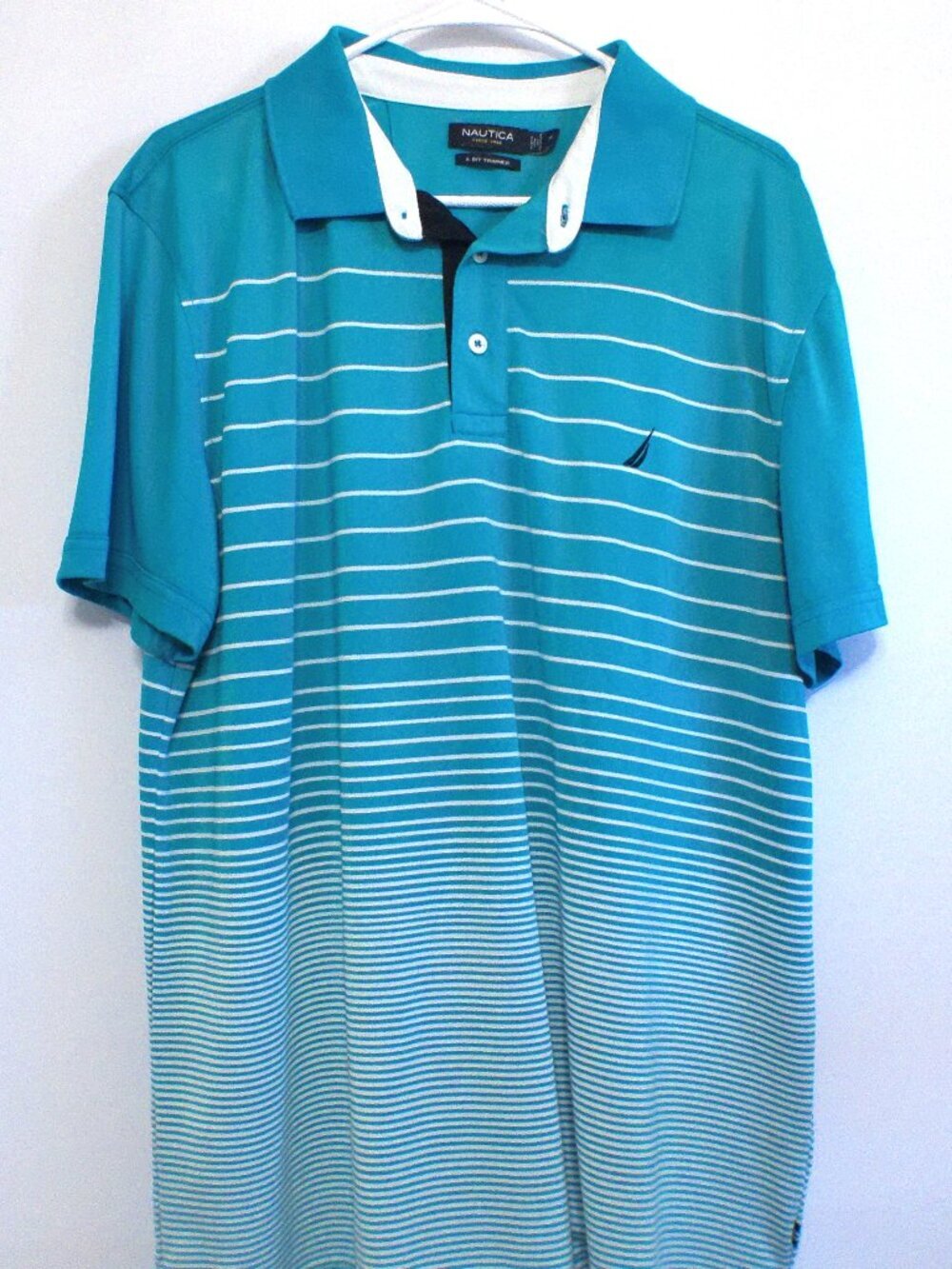 Nautica XL Teal Striped Polo Shirt A Bit Trimmer Fit Short Sleeve